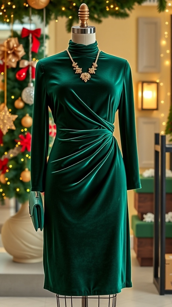Emerald green velvet dress with gold accessories displayed for a Christmas party outfit.